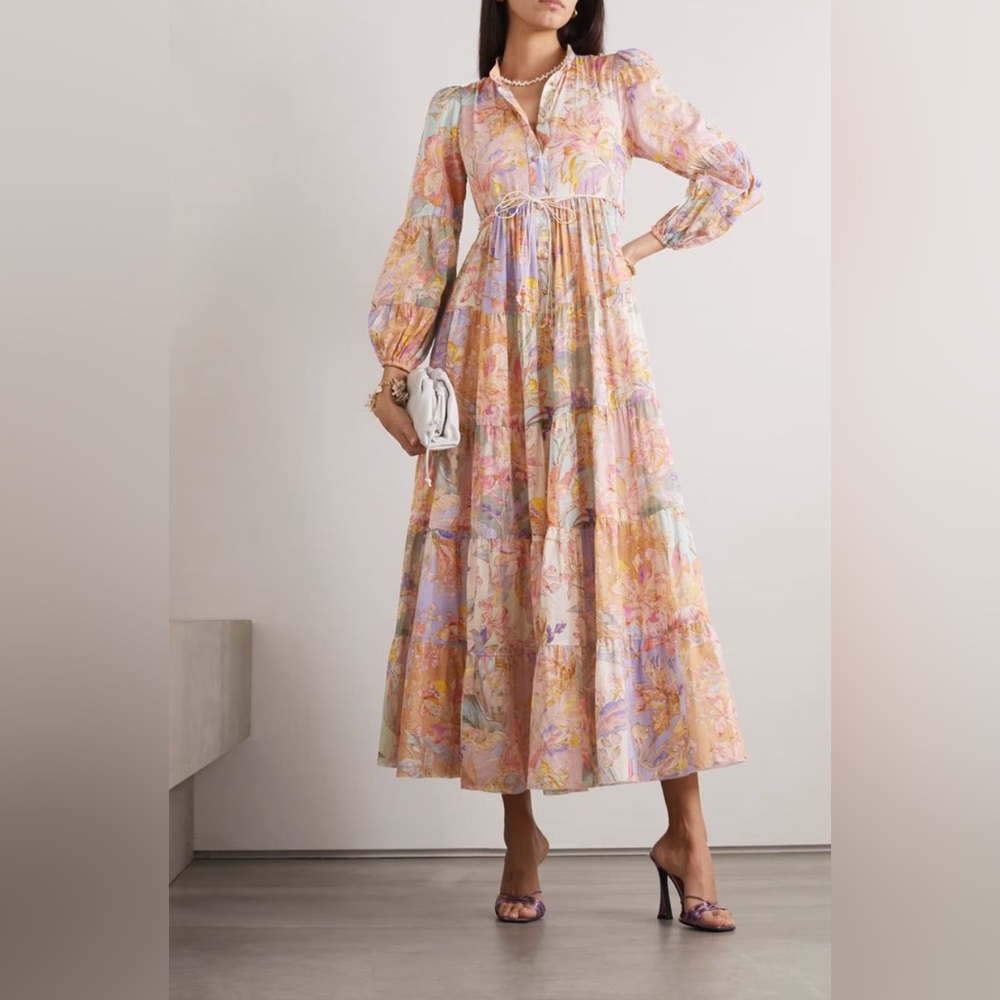 Zimmermann Pink and Purple Pleated Maxi Dress with Notched Collar